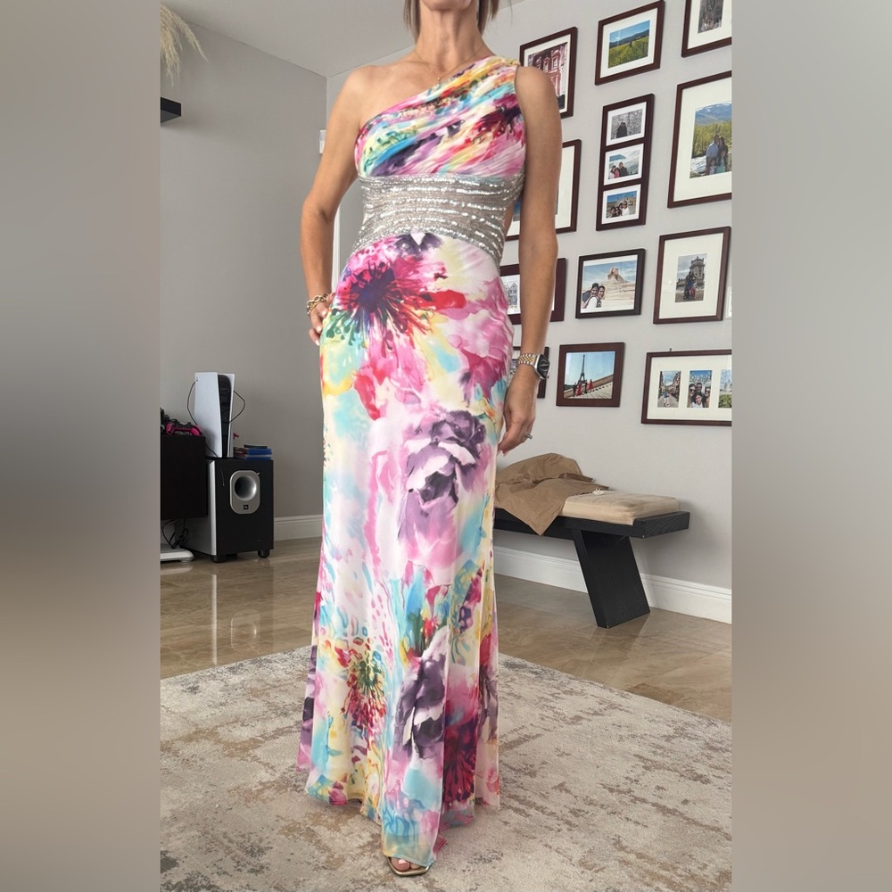 Betsy & Adam Pink and Blue One Shoulder Gown